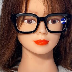 1156 Claudia 1.5 Black Reading Glasses Square Concave Readers NWT
